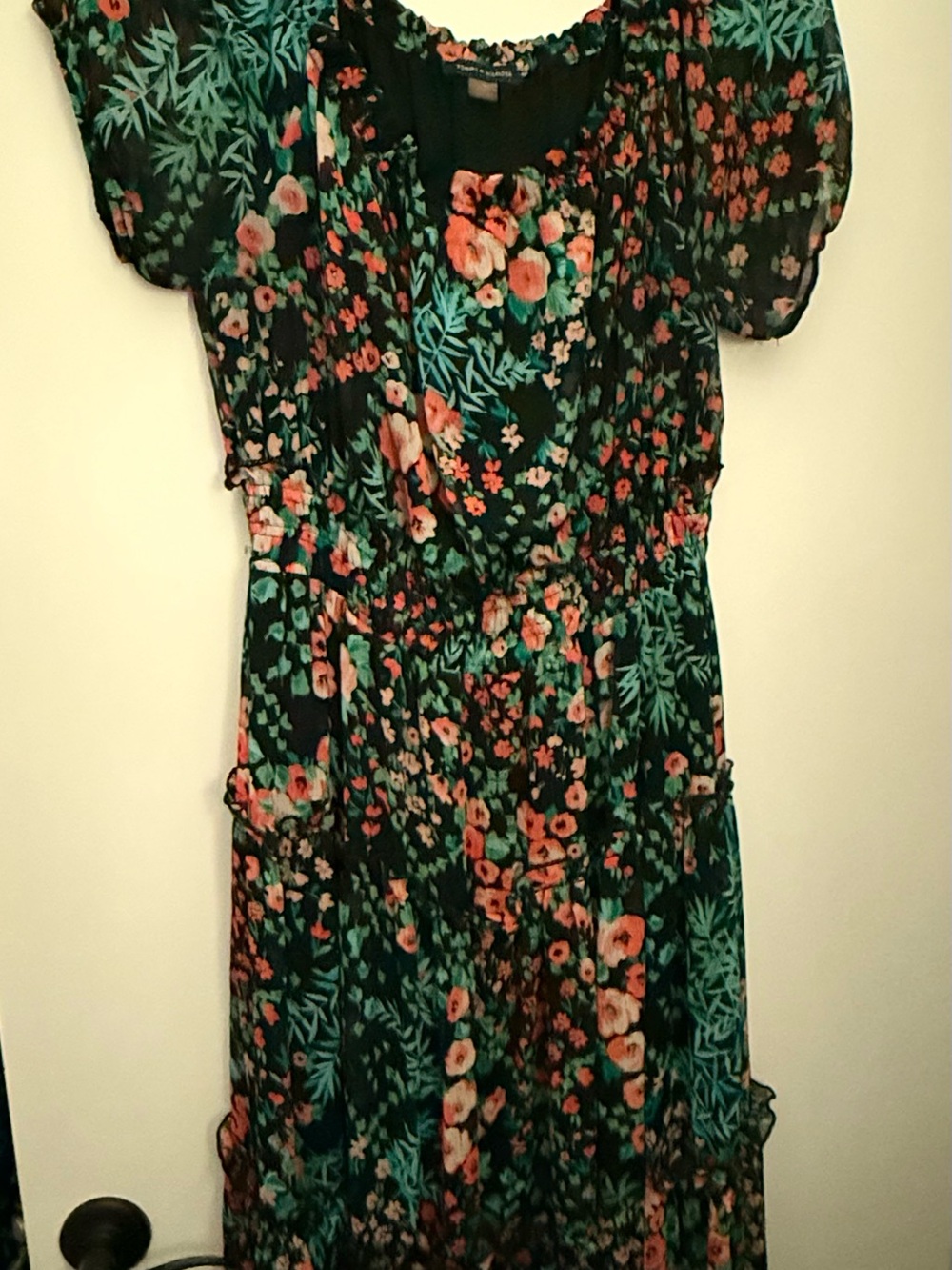 Tommy Hilfiger Black Maxi Dress with Teal Leaves and Coral Flowers